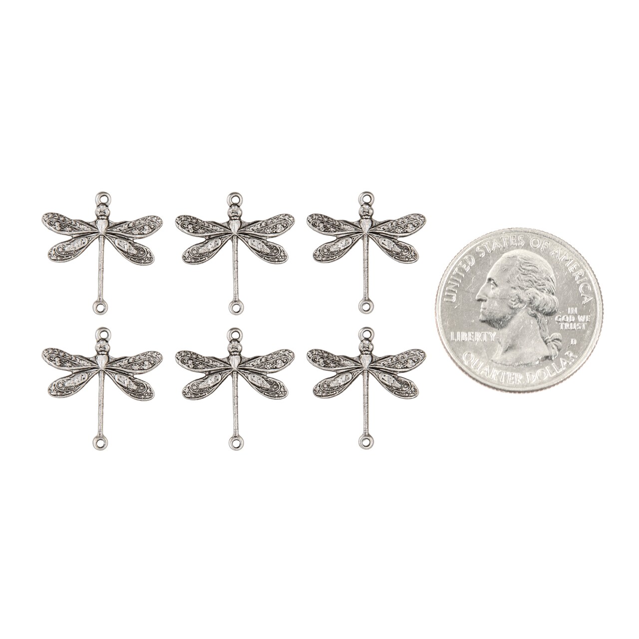 Pewter Plated Brass Smaller Ornate Dragonfly Two Ring Connectors - Set of Six - P-2C12